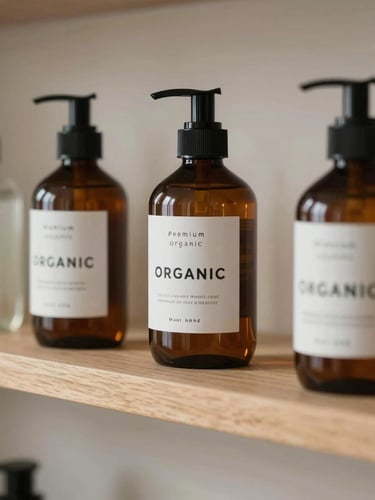 Close-up of premium organic home goods on a clean wooden shelf under soft natural light, minimalist and elegant.