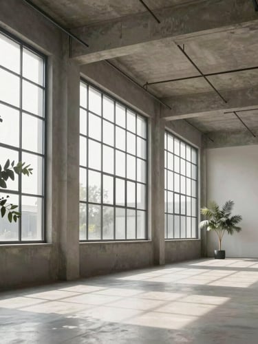 Sleek, architectural modern warehouse space with soft natural morning light filtering through high windows, clean lines, eucalyptus plants in the corner, minimalist framing