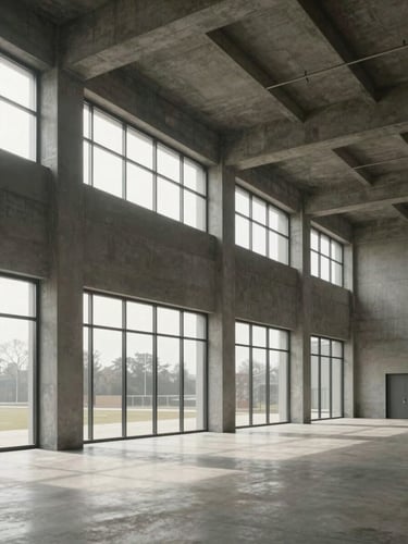 Sleek, architectural modern warehouse interior with high concrete ceilings, soft natural morning light filtering through high windows, minimal and clean aesthetic.