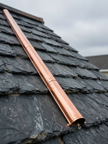 Close-up of hand-laid slate tiles and heavy-gauge copper flashing joints on a steep New England roofline under overcast coastal light.