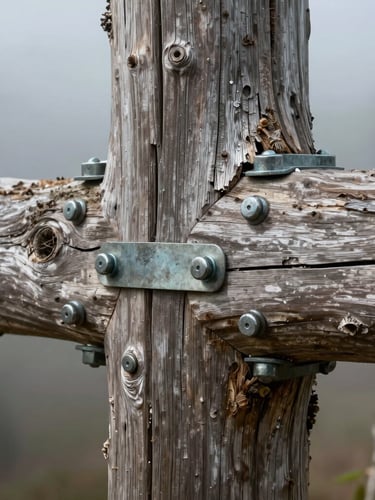Close-up of a massive weathered oak timber joint secured with heavy marine-grade fasteners, salt air mist in the background.