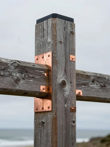 Tight close-up of interlocking heavy timber joints, weathered oak texture, copper flashing details, overcast coastal daylight, crisp focus on structural joinery.