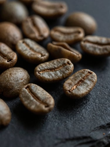Macro shot of raw green coffee beans on a dark stone surface, moody side-lighting with deep soft shadows, 35mm