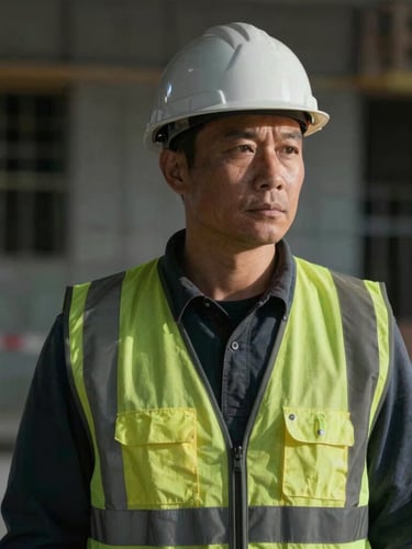 Environmental portrait of a construction worker in a reflective vest, looking determinedly off-camera, natural dramatic side-lighting, muted slate tones, 50mm lens