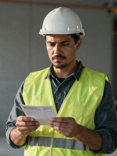 Environmental portrait of a construction worker in a safety vest holding a paystub, serious expression, natural side-lighting, muted slate tones, 50mm lens