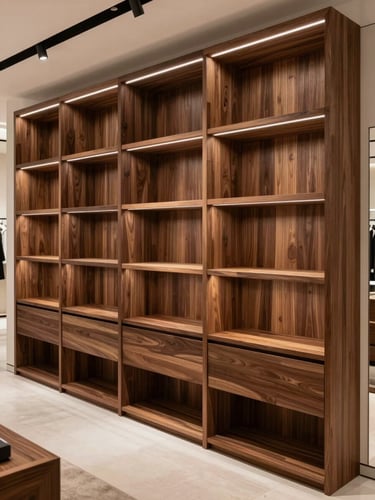 Completed luxury retail shop interior, bespoke dark-walnut display shelving, warm overhead accent lighting on wood surfaces, empty space showing precise joinery and material finish, wide environmental shot, no props or mannequins
