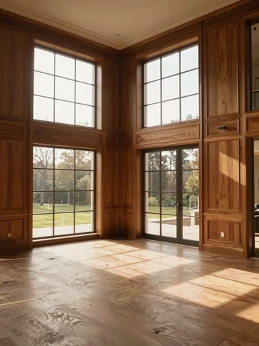 Wide interior of a completed luxury villa living space, warm north-facing daylight streaming from tall windows onto walnut-panelled walls, empty room showing spatial proportion and precise joinery, soft golden afternoon light, eye-level perspective