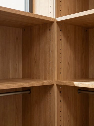 Close-up of a bespoke fitted wardrobe interior, warm oak grain, precise dovetail joinery visible at a corner, north-facing window light raking across the wood surface to reveal texture, no props or styling