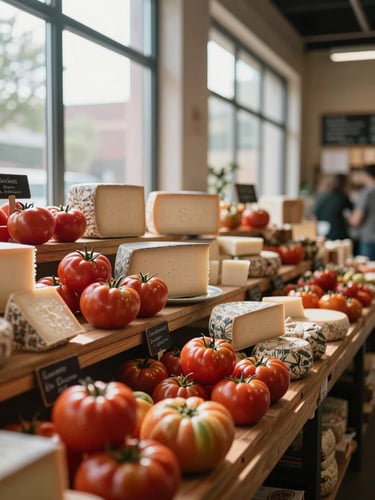Soft natural light streaming through high windows of an indoor food market, wooden stalls filled with vibrant heirloom tomatoes and artisanal cheeses, shallow depth of field.