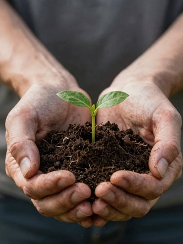 Close-up of weathered hands gently holding dark fertile soil with a small green sprout, soft natural morning light, high contrast, Scandinavian style