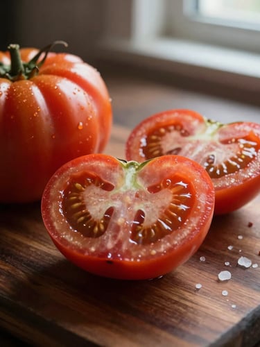 A close-up photograph of raw heirloom tomatoes sliced on a dark wood prep table, soft directional window light, salt crystals visible