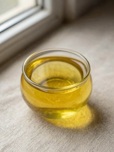 Overhead macro shot of golden cold-pressed mustard oil catching morning window light on a raw linen surface, shallow depth of field