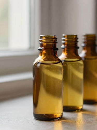 Amber glass bottles filled with golden cold-pressed mustard oil catching soft morning kitchen window light, macro lens, earthy muted tones