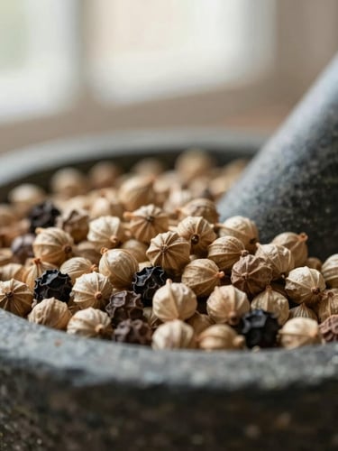 Macro close-up of whole coriander seeds and black peppercorns on a dark stone mortar, soft morning kitchen window light, warm editorial food photography