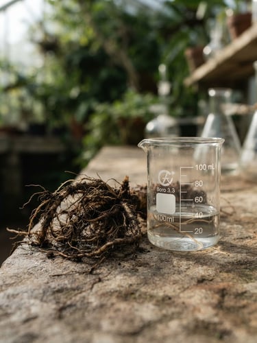 A clean macro photograph of raw botanical roots resting next to a precise glass laboratory beaker, bright natural daylight, soft shadows, deep green and warm stone tones.