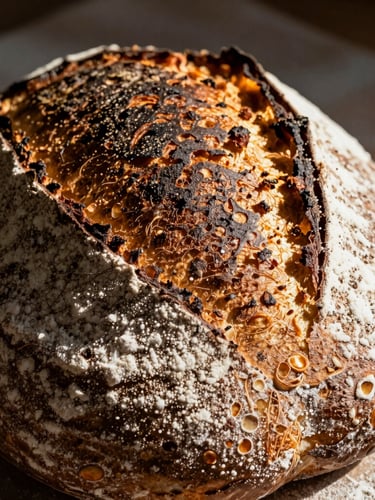 Macro portrait shot of a dark, blistered sourdough crust dusted with flour, warm morning light casting deep shadows on the textured surface.