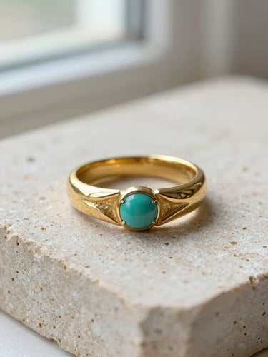 Macro close-up of a sculpted gold vermeil ring resting on a textured cream stone surface, soft natural side lighting, shallow depth of field