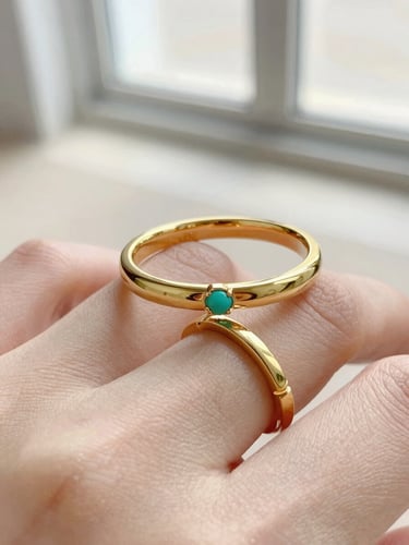 Macro close-up of gold vermeil rings on fingers, soft natural window light, clean sand background