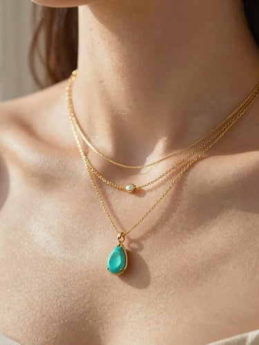 Macro shot of a woman's collarbone showing layered gold necklaces, soft natural shadows, sand-toned background