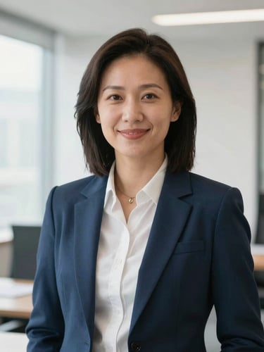 A professional, natural business portrait of an advisor in a bright, modern, organized office environment, soft natural daylight, clean corporate blue and warm gray tones, 35mm