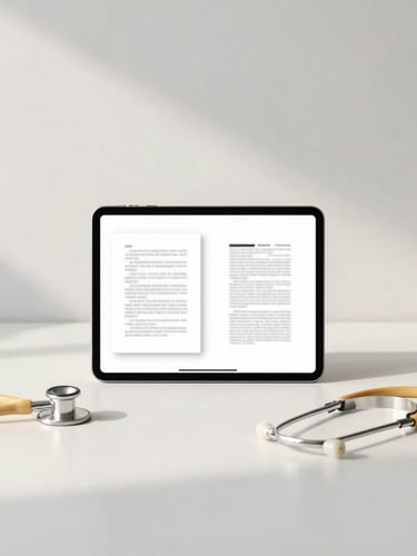 Minimalist clean workspace with a tablet displaying a document cover next to a stethoscope, soft daylight, warm gold accents