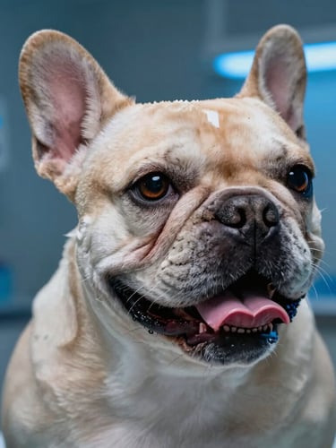 Macro portrait of a French Bulldog breathing comfortably in a high-contrast clinical environment, electric blue lighting accents, professional veterinary setting.