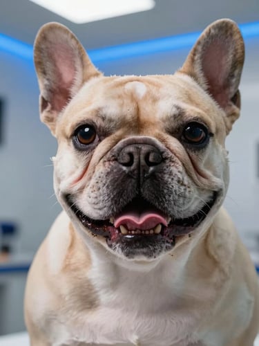 Direct eye-level portrait of a French Bulldog breathing comfortably in a clean, high-contrast modern clinic with electric blue lighting accents.