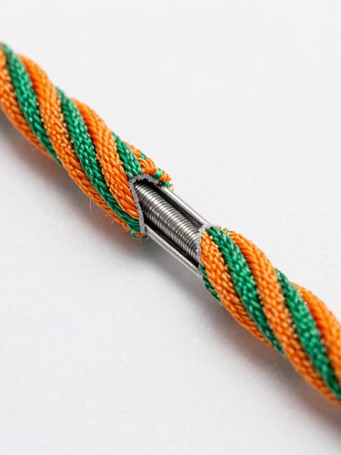 Macro photograph of a thick double-braided orange and green nylon rope with cutaway showing the inner galvanized steel wire core, crisp focus, industrial engineering style.