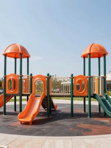 Wide-angle architectural shot of a modern commercial outdoor playground installation with vibrant orange and green structural posts on a bright sunny day, crisp focus