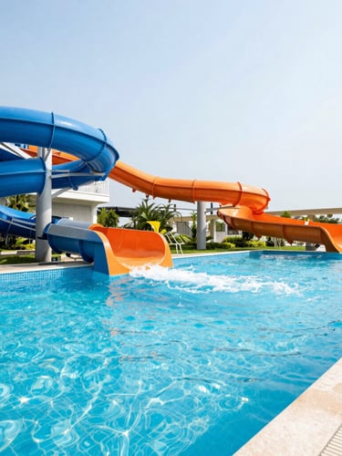 Wide-angle architectural shot of a premium resort swimming pool with a large blue and orange commercial water slide, bright natural daylight, clear water splashes