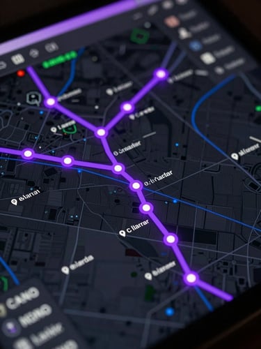 Close-up cinematic shot of a high-resolution digital map interface showing layered GPS route data, real-time vehicle position nodes glowing in neon violet on a near-black cartographic surface, coordinate readouts and timestamp overlays visible along route lines, depth-of-field blur toward edges, studio underlighting casting purple glow across the screen surface