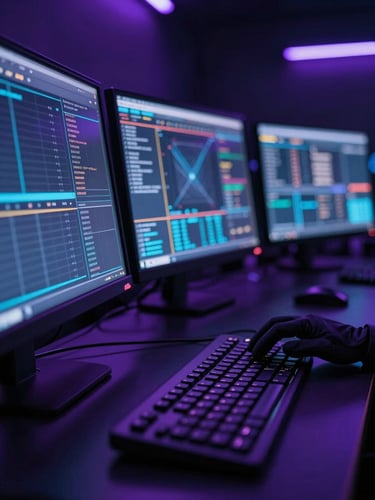 Extreme close-up of a multi-monitor command console in a dark control room, screens casting deep violet and electric blue light across matte black surfaces, a single gloved hand resting on a tactile keyboard in the lower-right foreground, data streams and GPS coordinate grids reflected in the glass panels, cinematic depth-of-field with the background monitors softly blurred into neon halos, rim lighting from below the console edge, no faces, no text