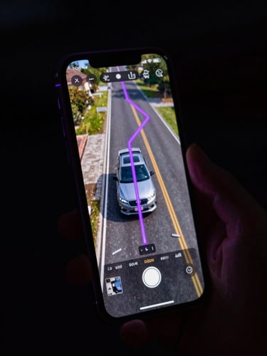 Extreme close-up portrait of a premium flagship smartphone held vertically in a dark environment, screen displaying a live vehicle tracking interface with neon purple GPS route lines and coordinate overlays, rim-lit from behind with a faint violet glow tracing the device edges, deep black background, cinematic depth-of-field, no human faces, no text visible