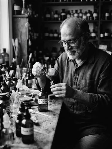 An intimate black-and-white portrait of Master Perfumer Syed Siddiq at his wooden blending desk, surrounded by antique amber glass bottles, soft directional golden-hour lighting, 35mm photography
