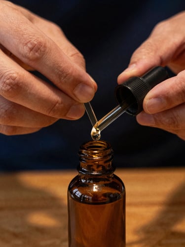 Close-up of hands of the master perfumer carefully measuring golden liquid into an amber glass bottle, warm low-key directional lighting, rich amber tones, macro depth of field