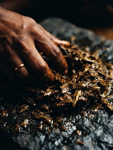 Macro shot of raw agarwood chips being hand-kneaded on a dark stone slab, glistening with golden amber oil under low-key directional lighting, warm shadows, 35mm.