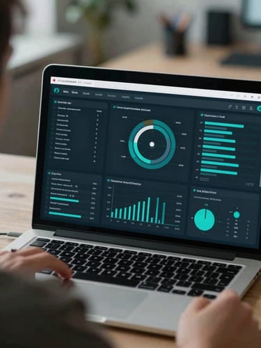 Over-the-shoulder shot of a clean modern analytics dashboard with teal data visualizations on a laptop screen, industrial workspace in soft focus background.