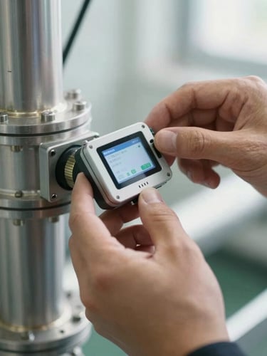 Close-up of hands calibrating a small industrial IoT sensor mounted on a clean metal pipeline, bright natural indoor lighting