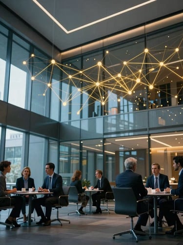 Wide shot of a sleek, modern corporate lobby with high ceilings and glass walls, a subtle digital network overlay glowing in gold, a diverse group of executives in deep discussion, low-key lighting, 35mm editorial corporate photography.
