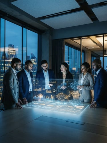 Wide shot of a modern, sleek corporate office at dusk, with digital network overlays and subtle golden light reflecting on glass surfaces. A diverse group of executives in elegant business attire are collaborating, looking towards a holographic display of financial data and AI models. Architectural lines, deep blue ambient lighting.