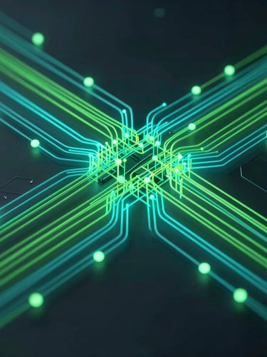 dark technical 3d render, glowing neon cyan and green fiber-optic lines, clean abstract network nodes, isometric perspective of secure server connection