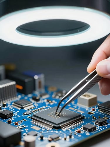 Extreme macro shot of a technician using silver tweezers under a bright white ring light to align a micro-chip on a blue motherboard.