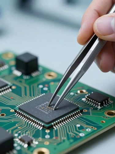 Extreme macro close-up of a technician using precision tweezers to align a micro-chip on a green circuit board under cool sterile laboratory lighting.
