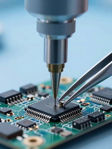 Extreme close-up macro shot of micro-soldering under sterile blue laboratory light, precision tweezers placing a tiny microchip on a smartphone logic board.