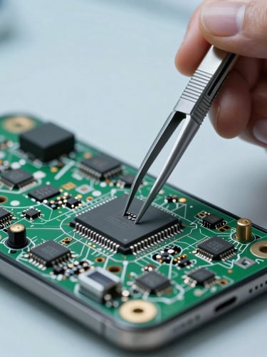 Extreme close-up macro shot of a technician using precision tweezers to place a micro-chip on a smartphone motherboard under cool sterile laboratory lighting.