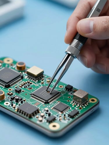 Macro close-up of a certified technician using precision ESD-safe tweezers to place a micro-chip onto a clean smartphone motherboard under sterile blue laboratory lighting.