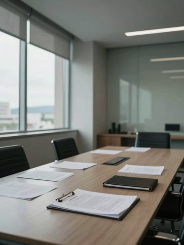 Wide interior of a quiet corporate office in Florianópolis, empty boardroom table in sharp focus under cool natural window light from the left, legal documents and a leather notepad visible on the surface, architectural lines of the room receding toward the right, muted tones of gray and off-white