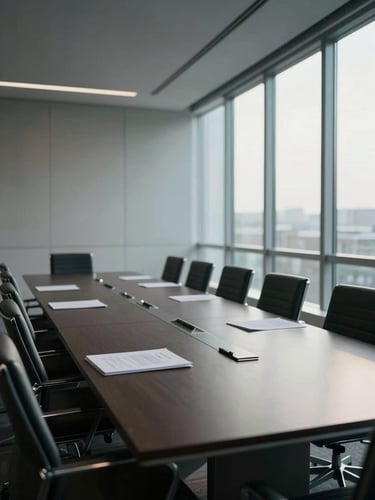 Wide interior of a modern boardroom, long dark conference table receding toward tall windows on the right, cool natural daylight raking across the surface, empty chairs, documents and a pen placed mid-table, no people visible — architectural stillness