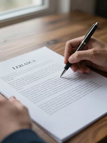 Close detail of hands reviewing a printed legal contract on a wooden desk, pen resting beside the document, cool natural window light, sharp focus on the text and paper texture