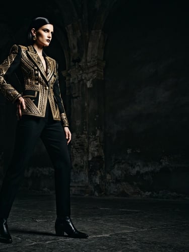 High-fashion model in a razor-sharp gilded blazer, dynamic low-angle heroic shot, dramatic chiaroscuro lighting, deep shadows, polished gold accents, high-contrast. The model is on the left side of the frame, facing right, with ample negative space on the right.